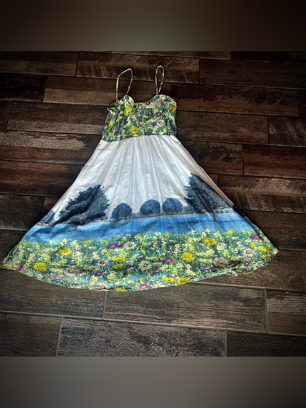 Frock Shop cotton sun dress with orchard & flowers photographic print L